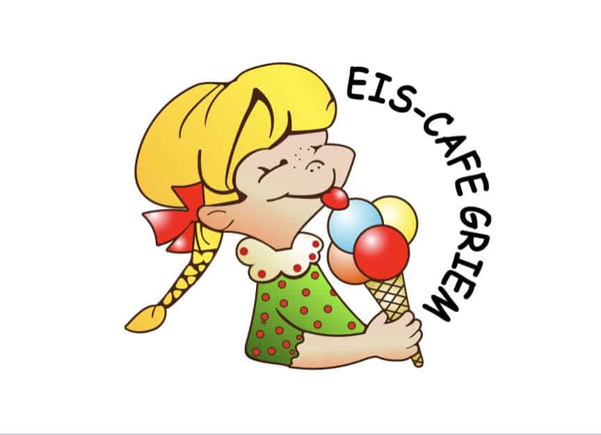 Cartoon-Mädchen mit Eistüte und Schriftzug EIS-CAFE GRIMM